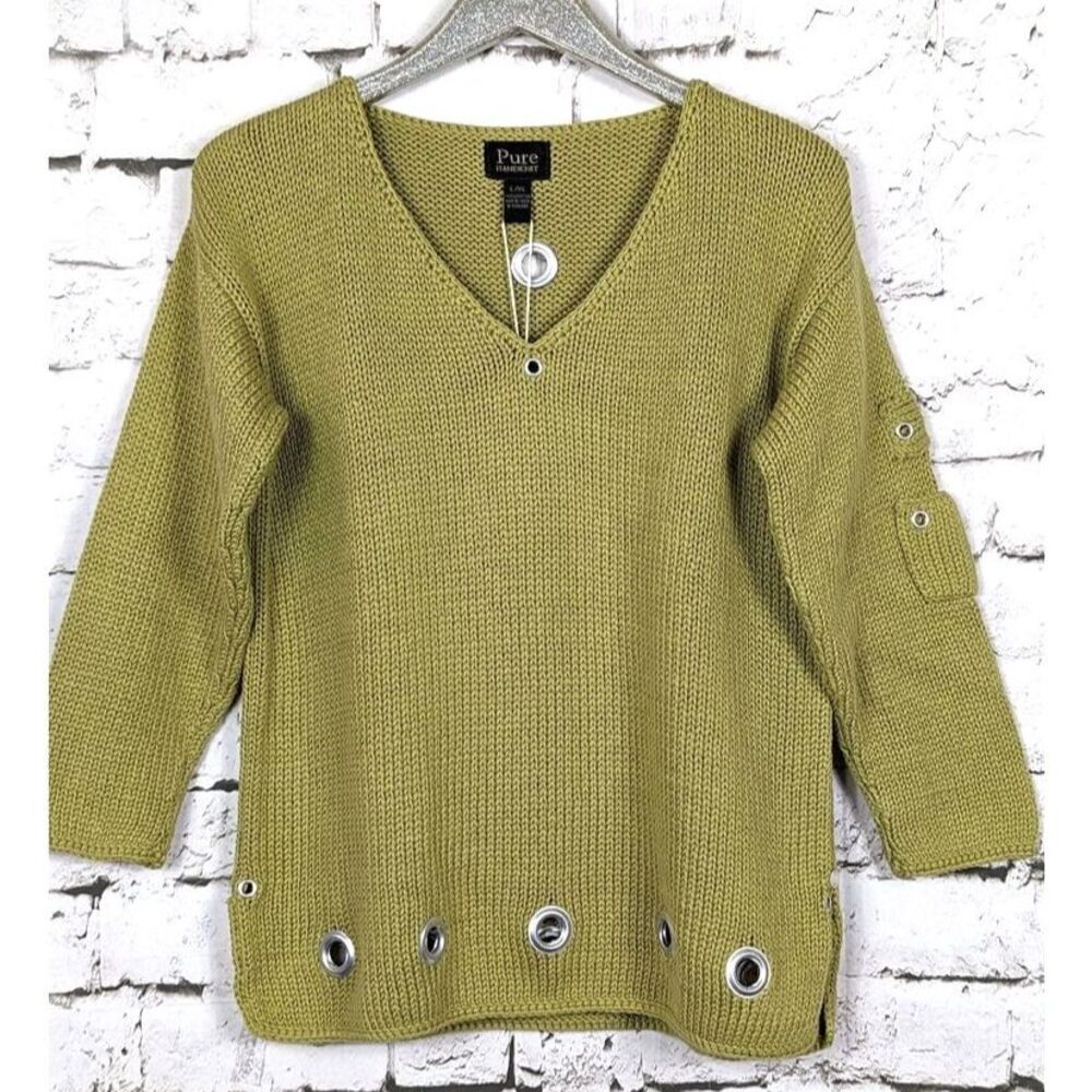 PURE Handknit Grommet V-Neck Sweater Moss Green Minimalist Lagenlook  L/XL NEW